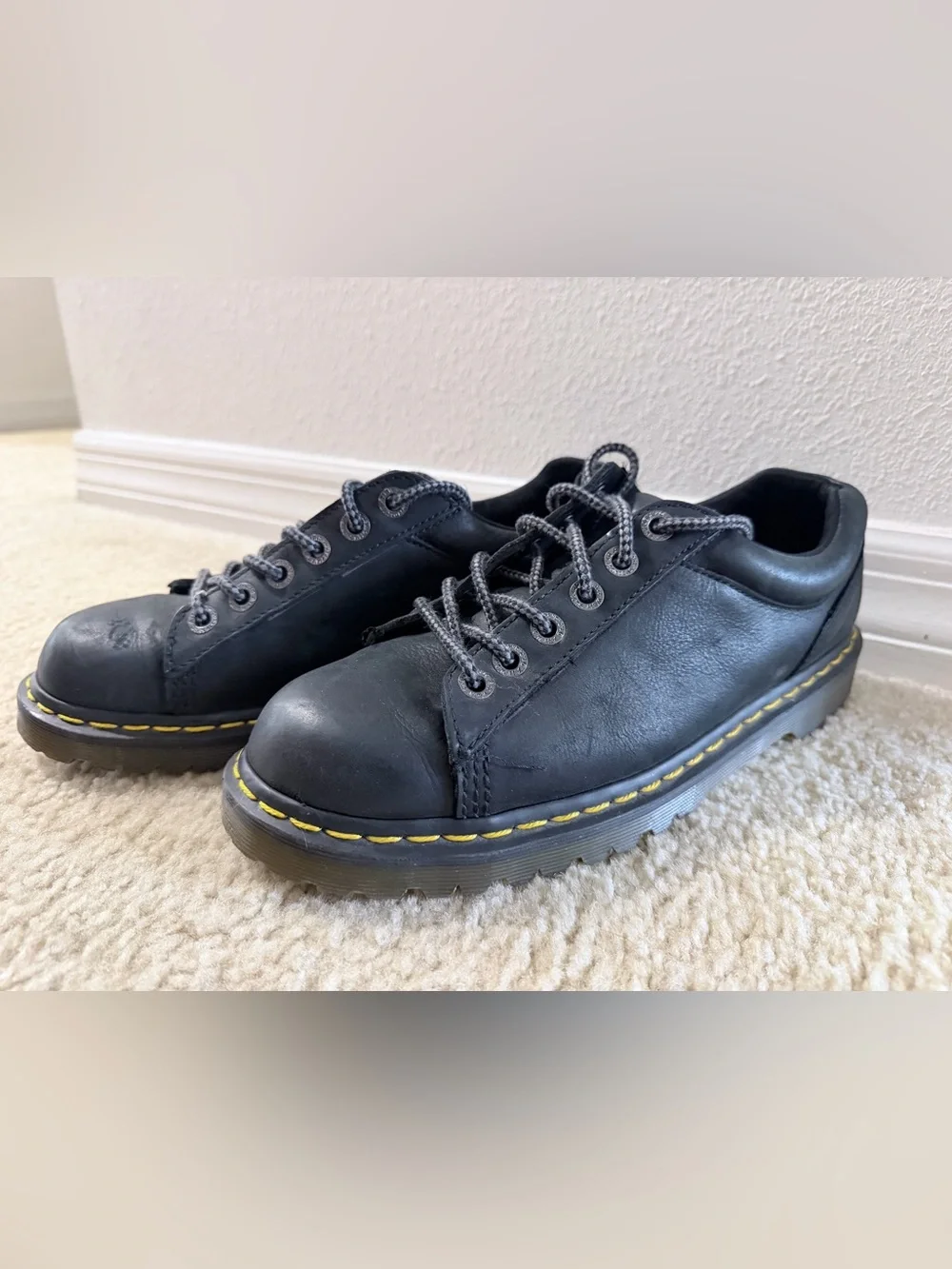 Dr. Martens Black Leather Low-Top Lace-Up Shoes with Yellow Stitching